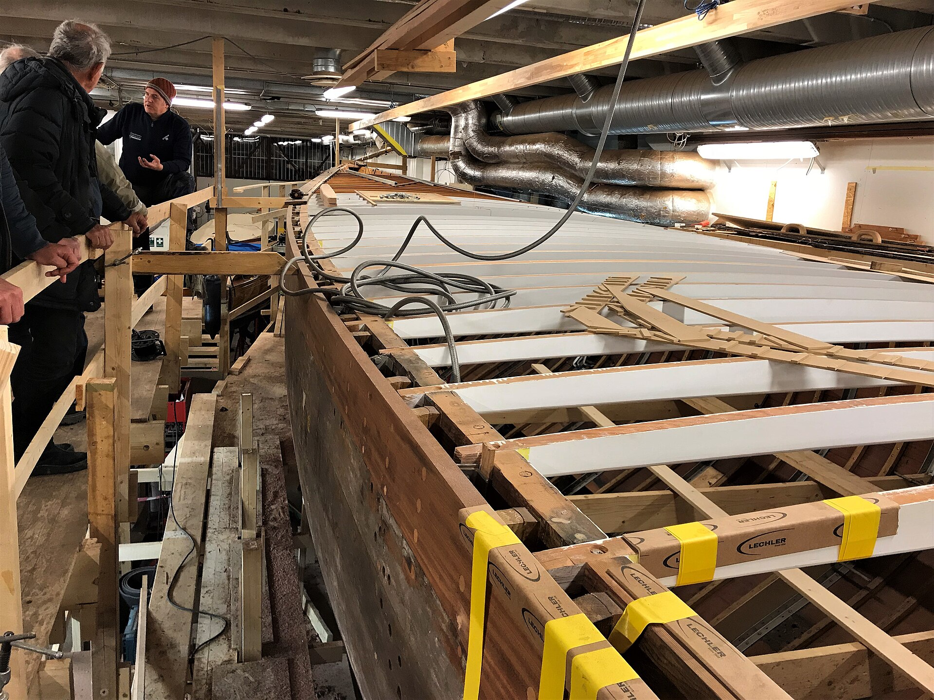 Under restoration at Stockholms Båtsnickeri, 2019 — back in the bay where she was built.